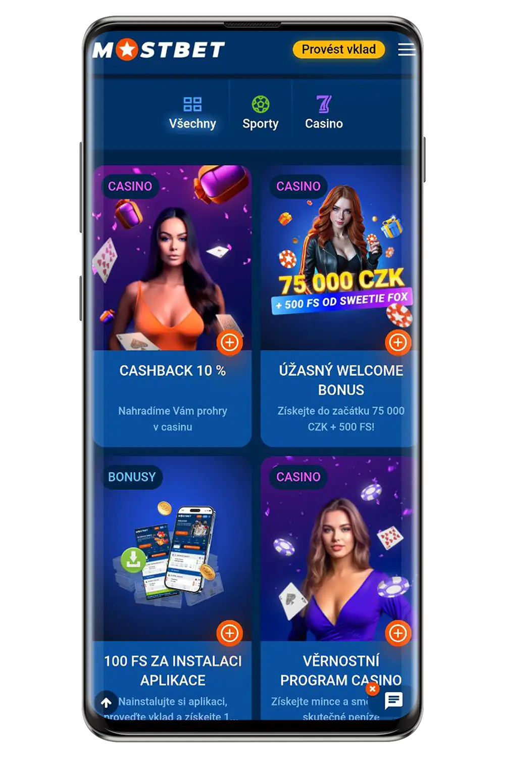 Rozhraní sázkové kanceláře Mostbet na mobilním zařízení
